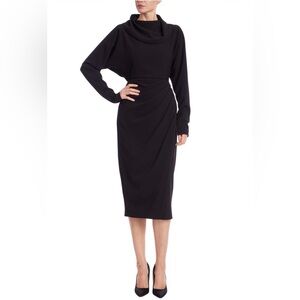 Badgley Mischka Black Draped Cowl Neck Midi Dress Size 4 Elegant Cocktail